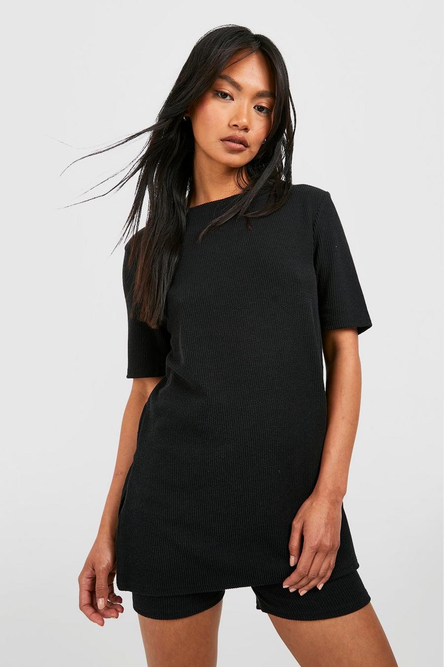 Black Ribbed Relaxed Longline Tshirt With Side Splits & Shorts