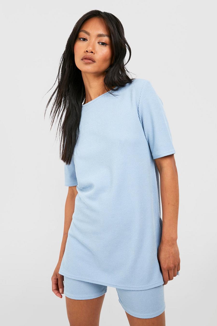 Light blue Ribbed Relaxed Longline Tshirt With Side Splits & Shorts image number 1