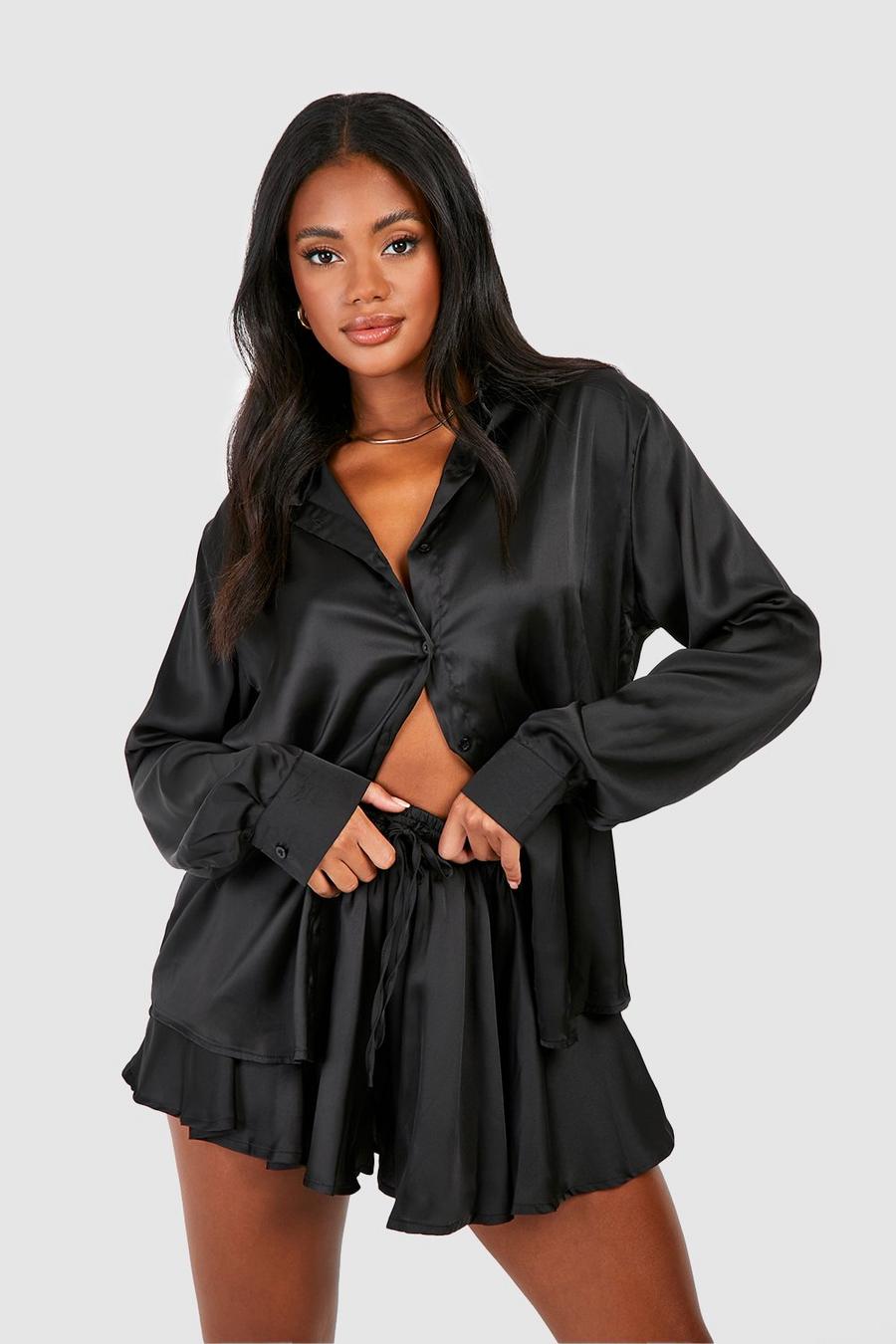 Black Satin Relaxed Fit Shirt & Flared Shorts image number 1