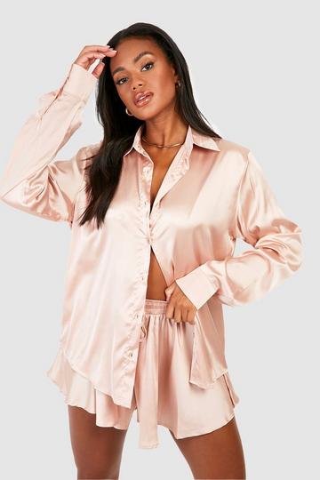 Stone Beige Satin Relaxed Fit Shirt & Flared Shorts