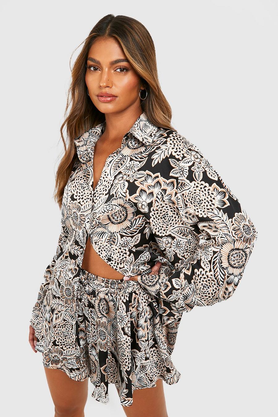 Black Satin Floral Relaxed Fit Shirt & Flared Shorts