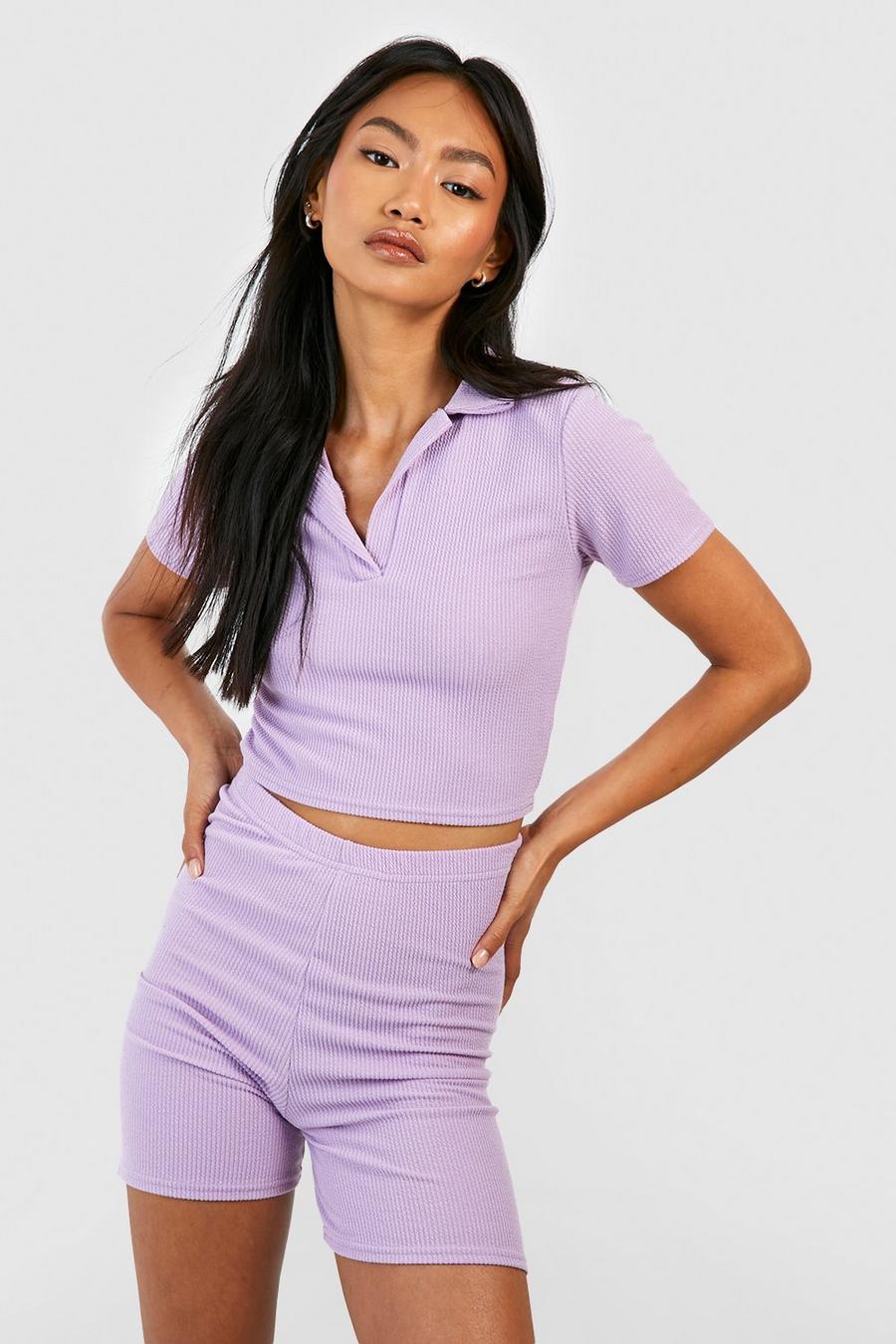 Lilac purple Ribbed Collared Polo Top & High Waisted Short Set
