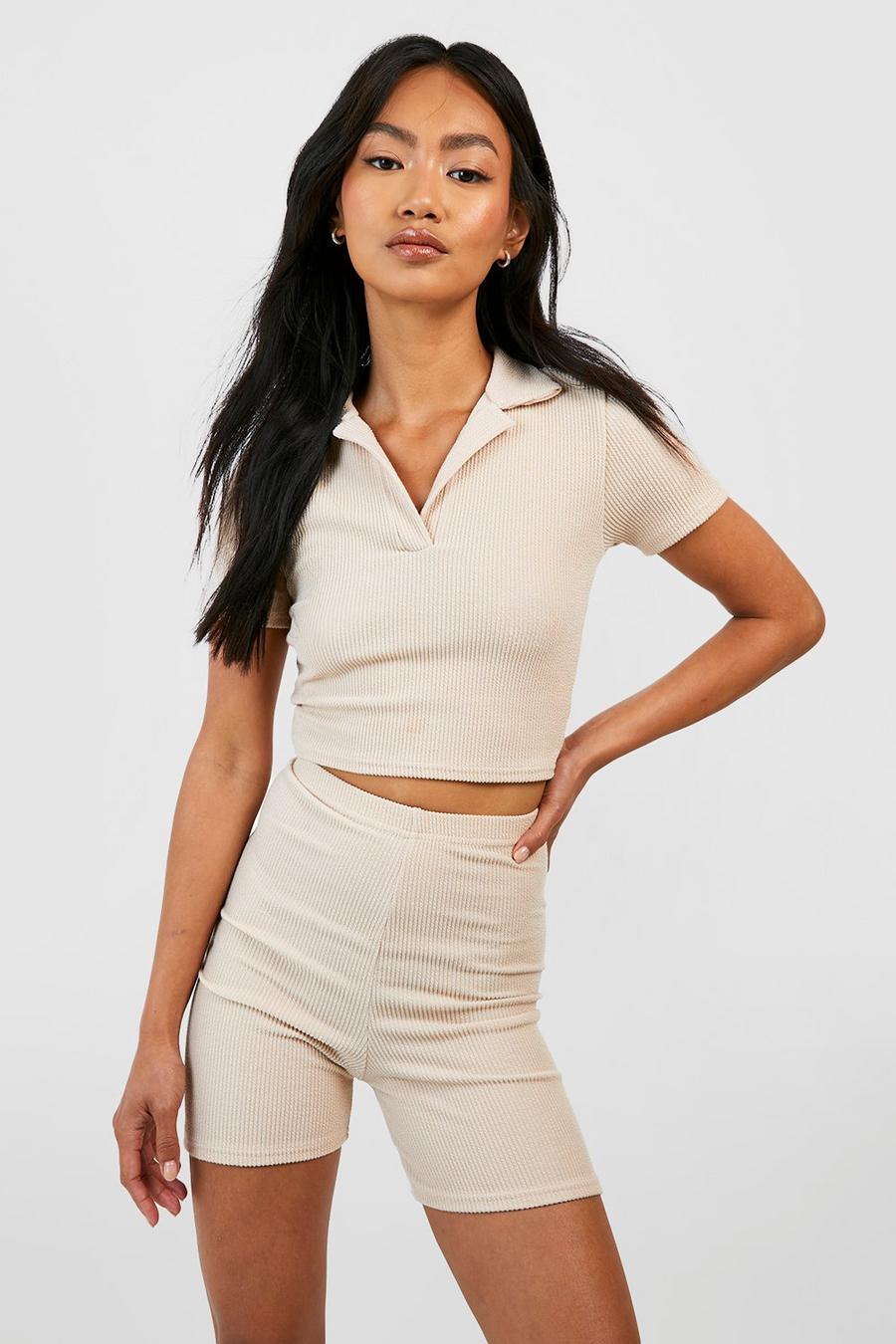 Sand Ribbed Collared Polo Top & High Waisted Short Set
