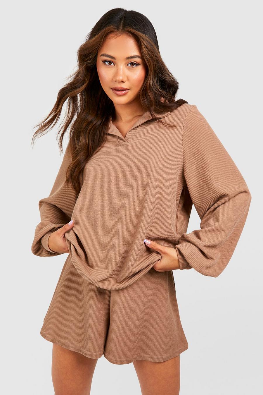 Mocha Ribbed Slouchy Collard Top & Floaty Shorts image number 1