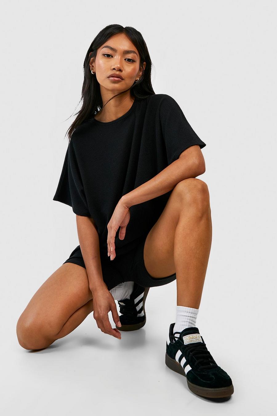 Black Ribbed Relaxed Fit Tshirt & Cycling Short Set image number 1