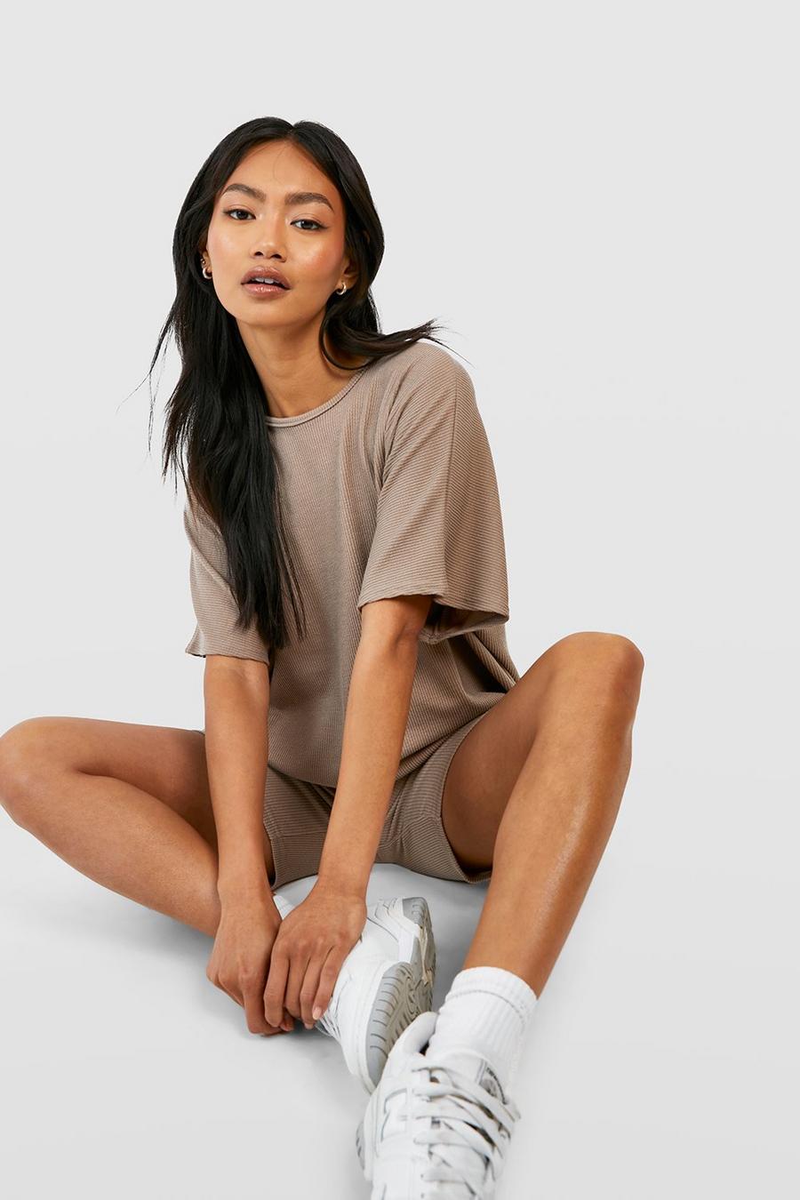Mocha beige Ribbed Relaxed Fit Tshirt & Cycling Short Set