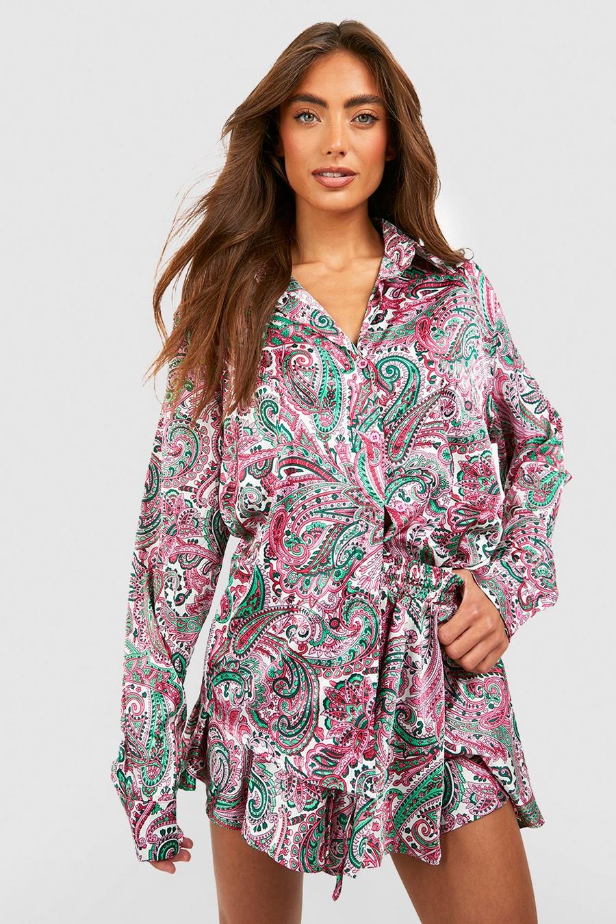 Bright pink Satin Paisley Relaxed Fit Shirt & Flared Shorts image number 1