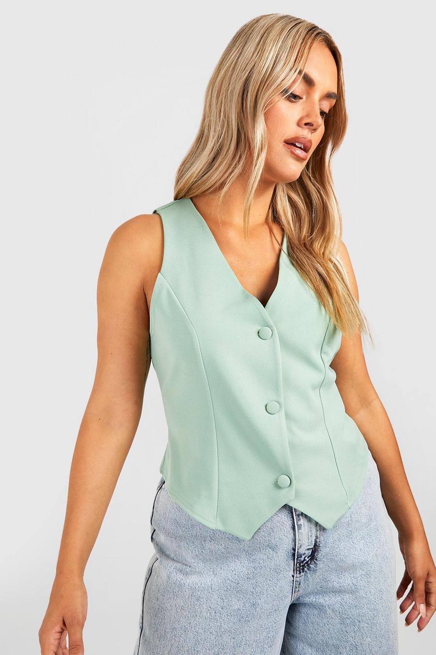 Sage Plus Crepe Tailored Button Waistcoat Top  image number 1