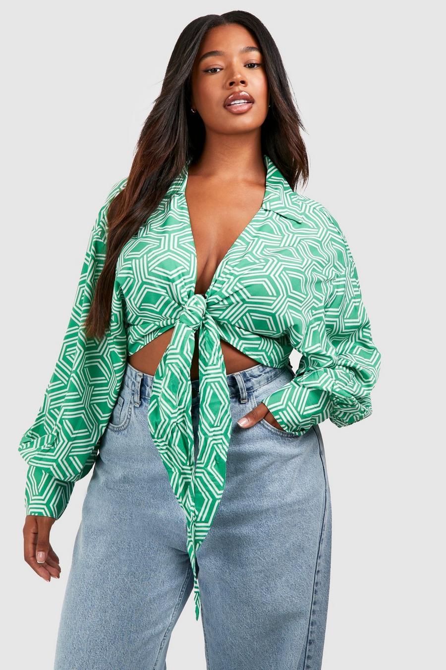 Green Plus Tie Front Geo Print Shirt