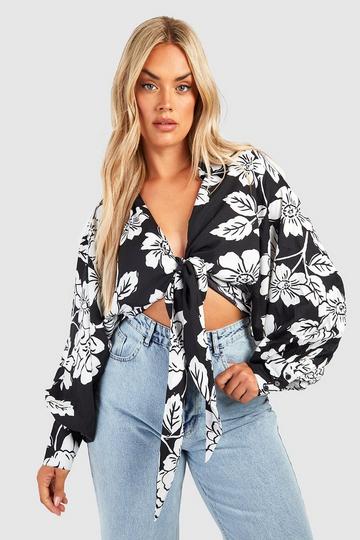 Black Plus Tie Front Mono Floral Print Shirt