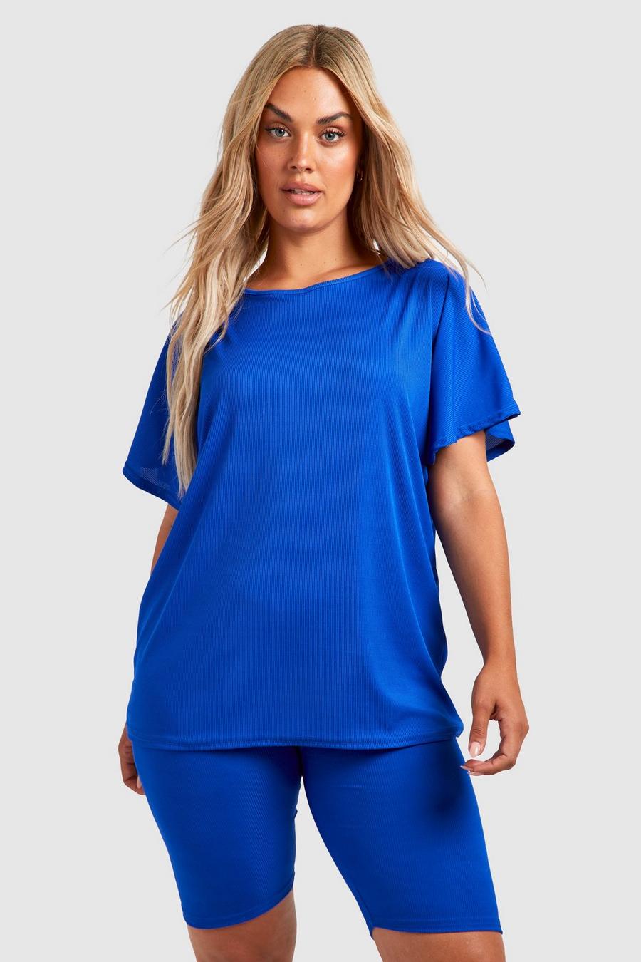Plus geripptes Oversize T-Shirt & Radlershorts, Cobalt image number 1