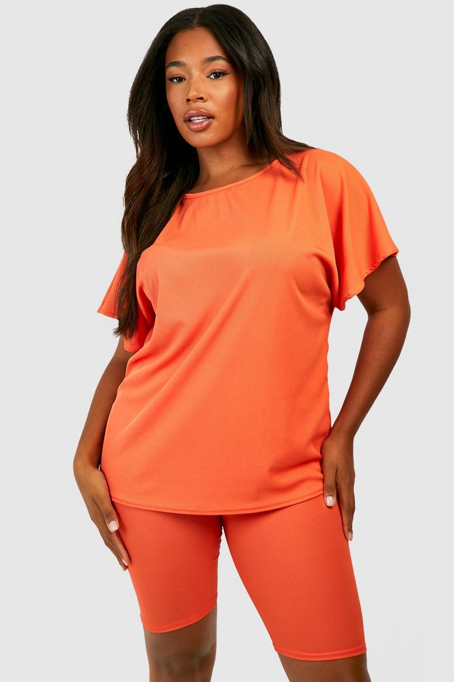 Orange Plus Oversize ribbad t-shirt och cykelbyxor image number 1