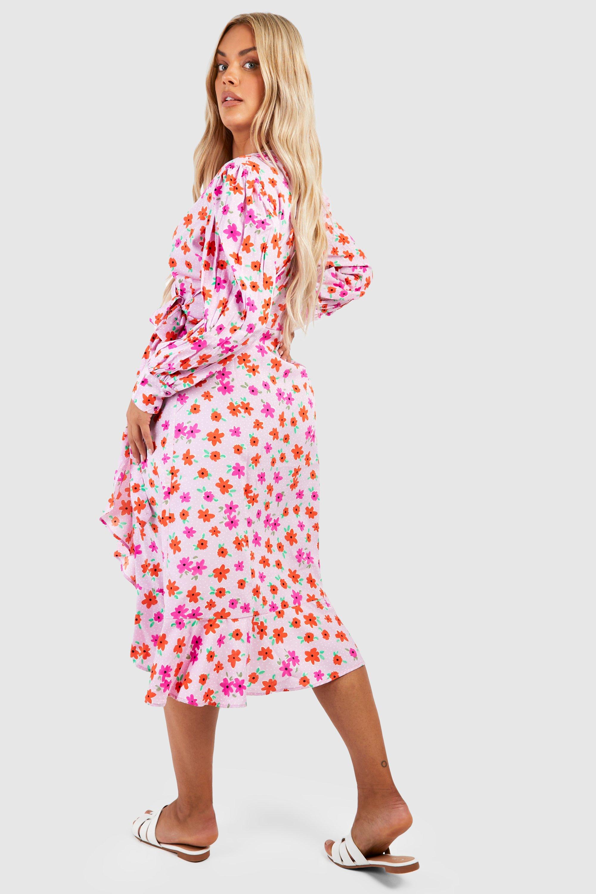 Boohoo exclusive wrap midi shop dress in pink floral