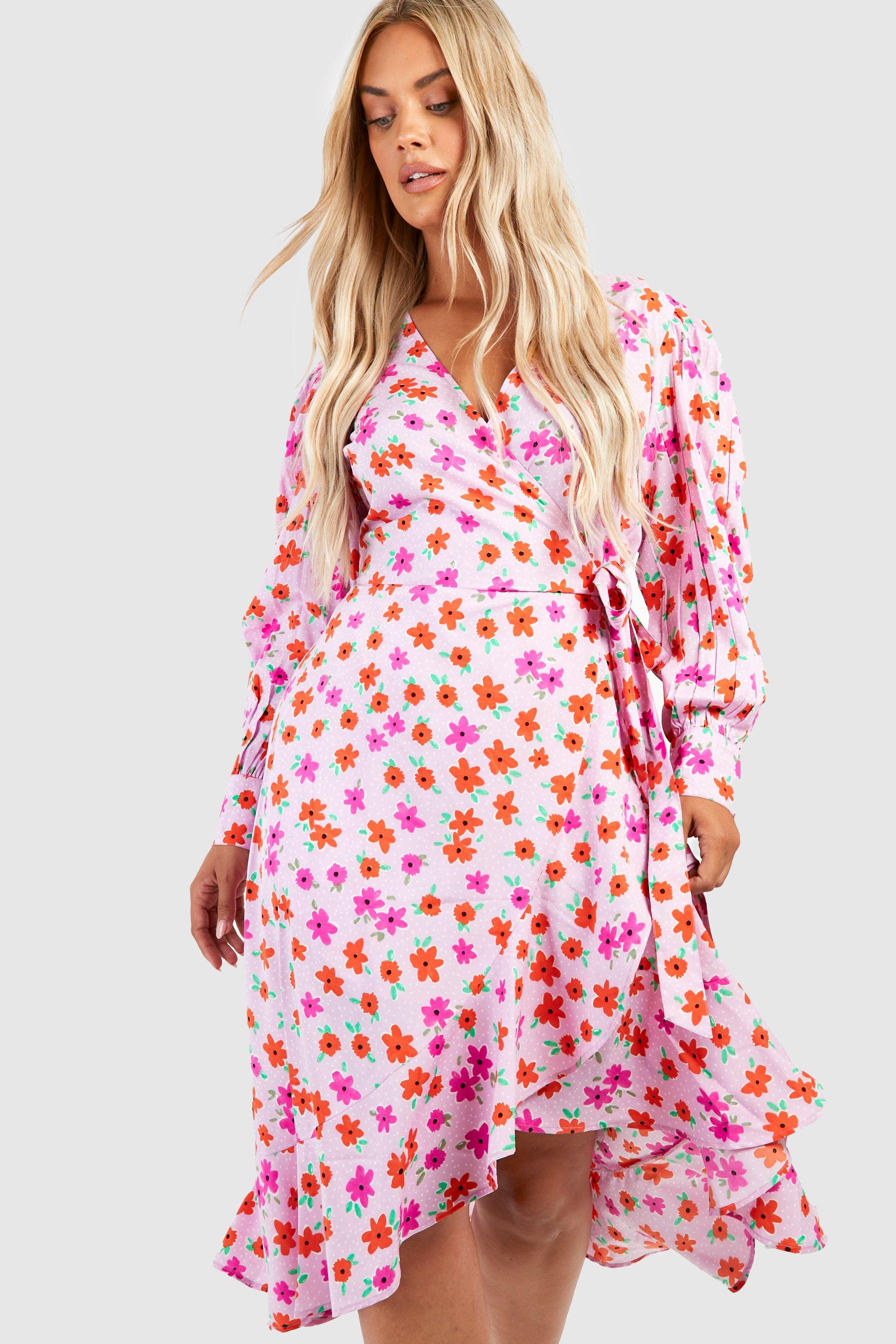 Boohoo exclusive wrap midi 2025 dress in pink floral