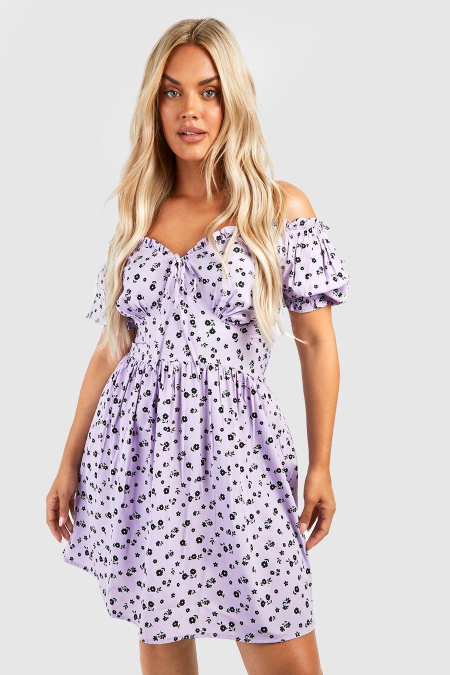 Lilac purple Plus Woven Floral Milkmaid Off Shoulder Skater Dress