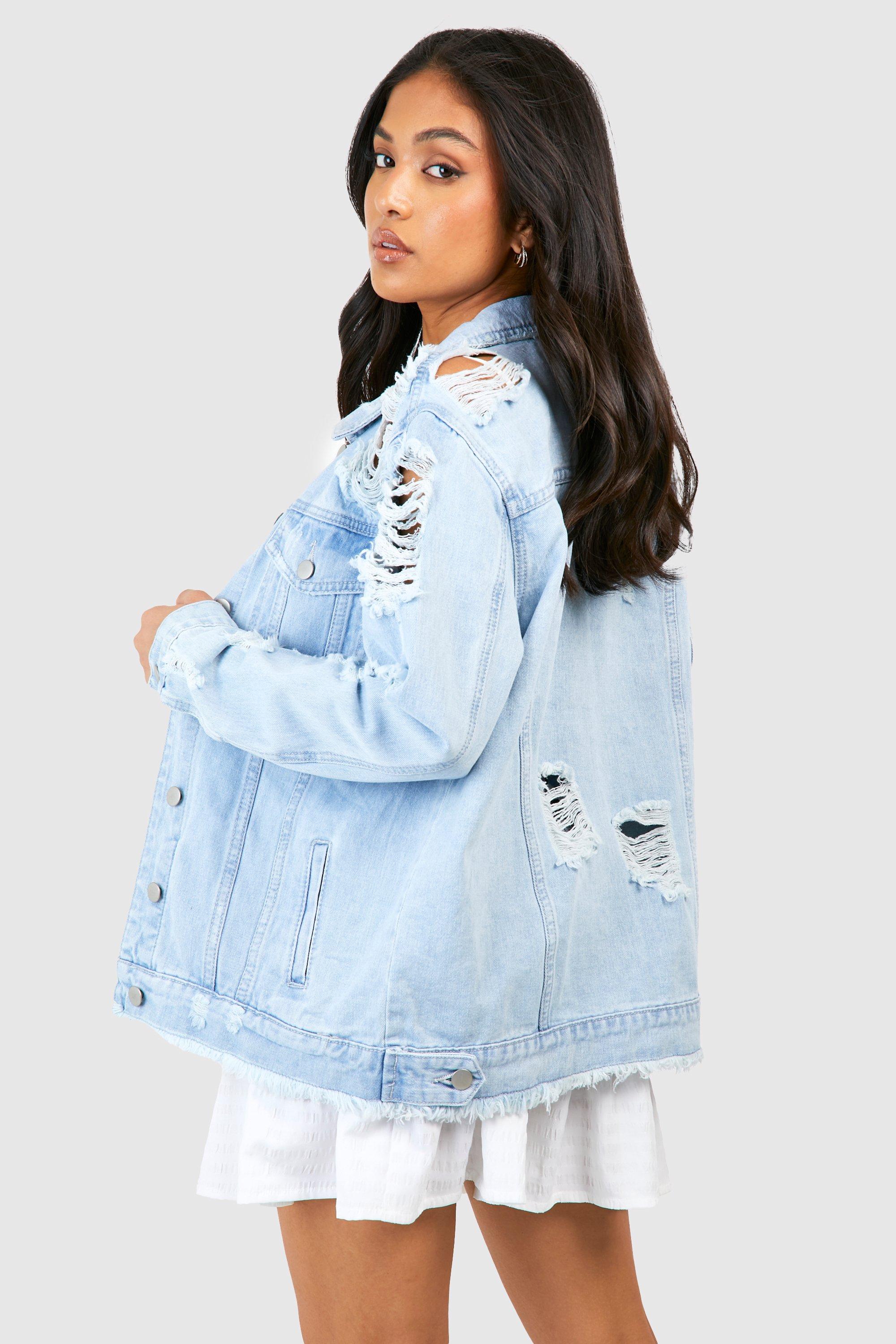 Petite Light Blue Wash Distressed Denim Jacket