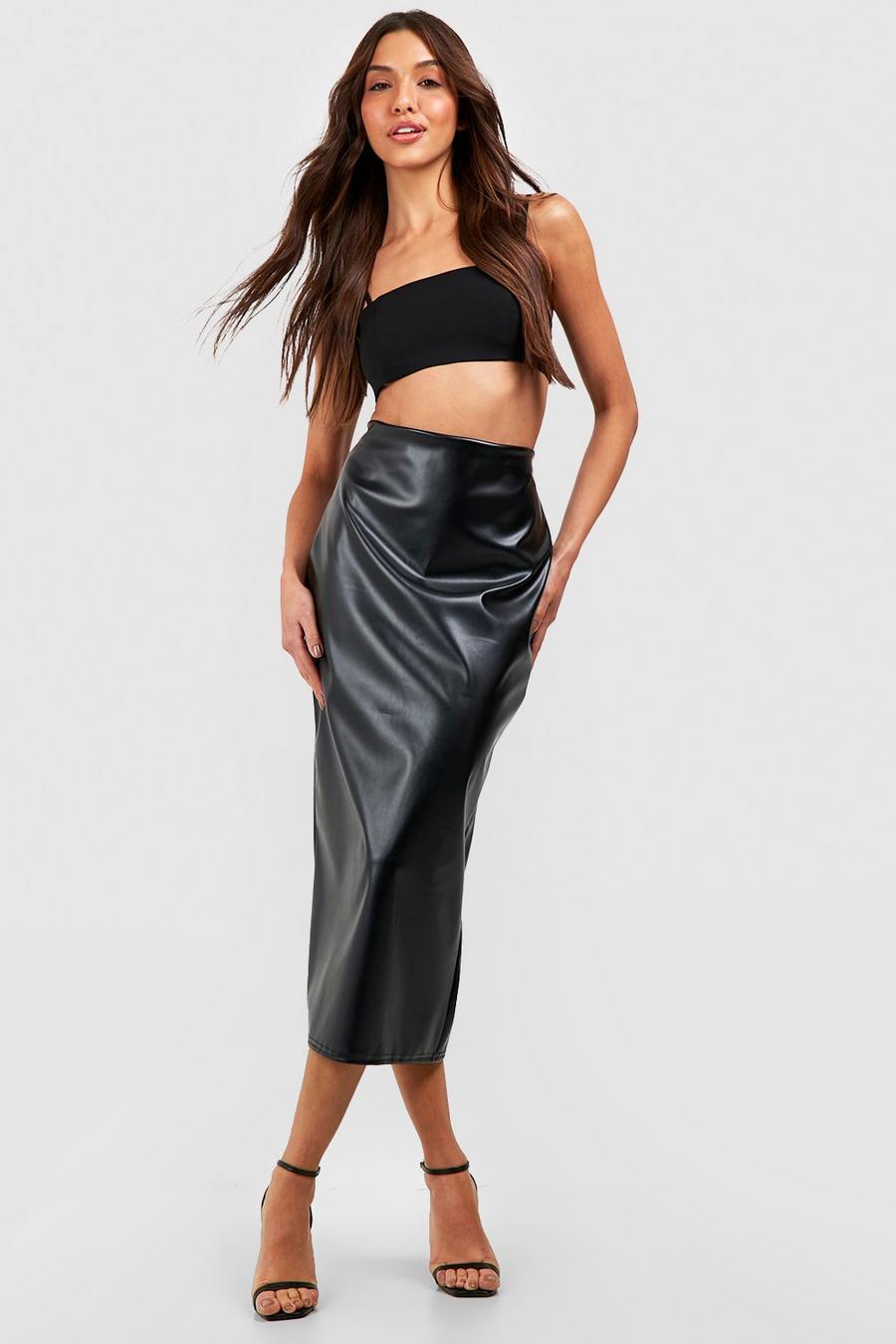 Black Leather Look Split Back Tube Midaxi Skirt