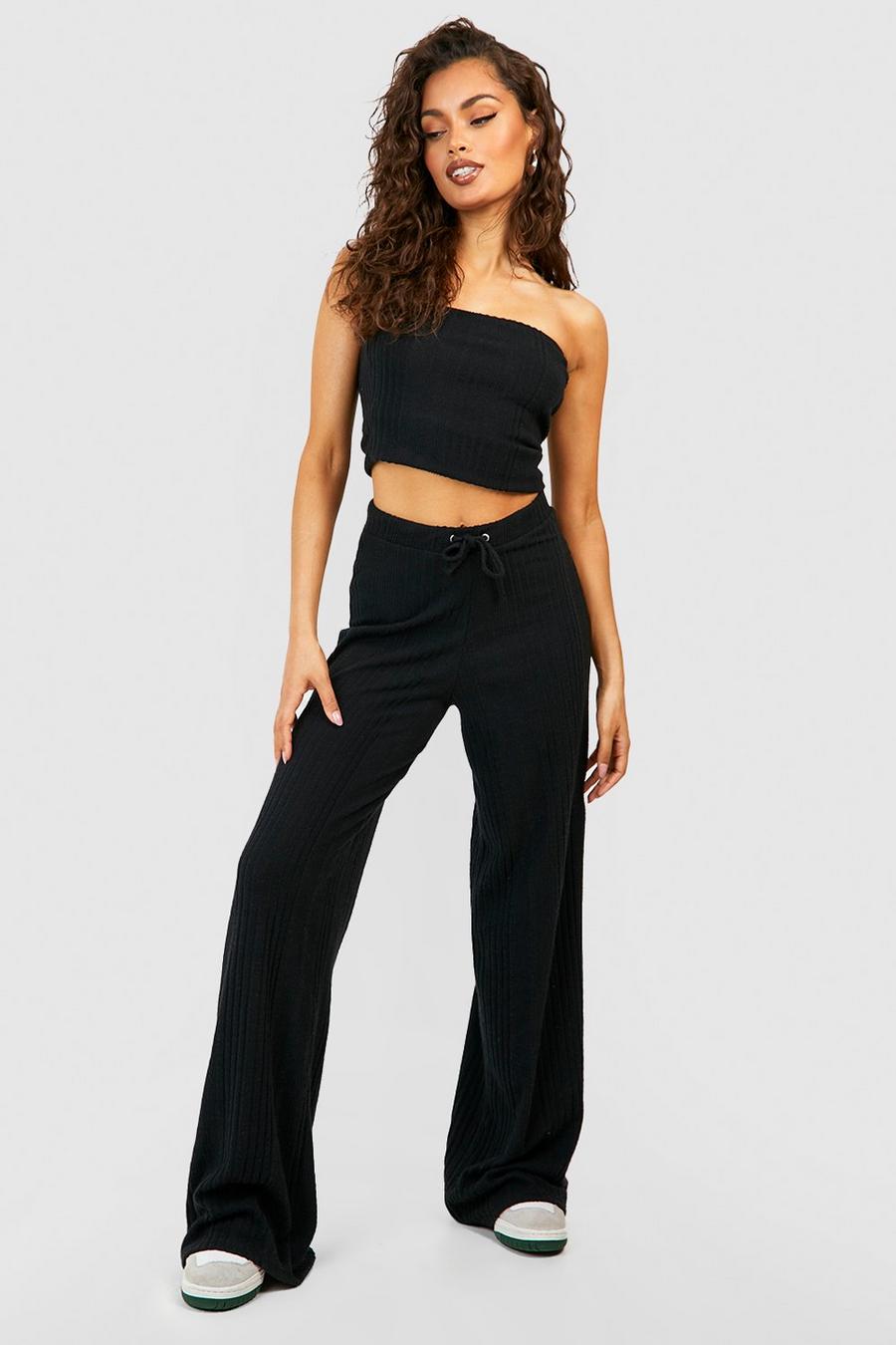Black Supersoft Brushed Rib Wide Leg Trousers