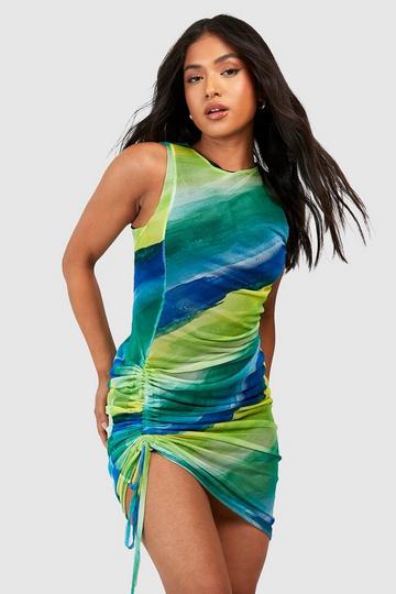 Green Petite Ruched Abstract Print Mesh Midi Dress