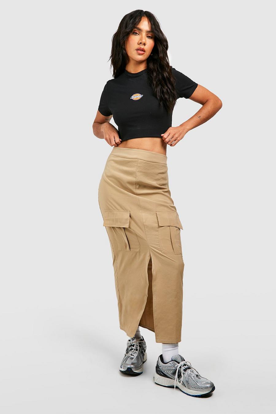 Stone Soft Touch Split Front Cargo Midaxi Skirt
