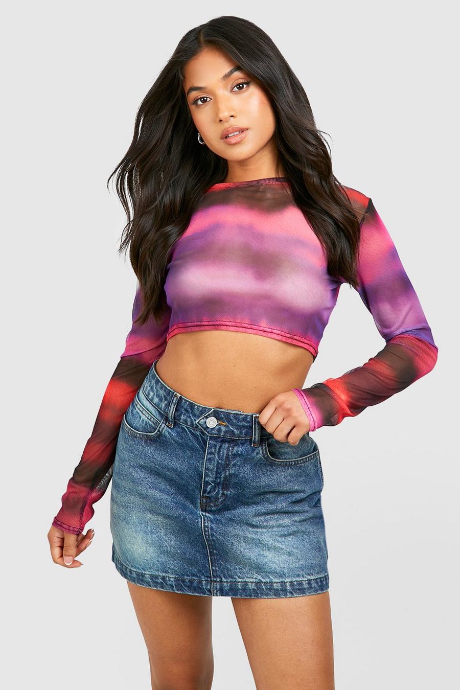 White Abstract Faces Printed Mesh Long Sleeve Crop Top