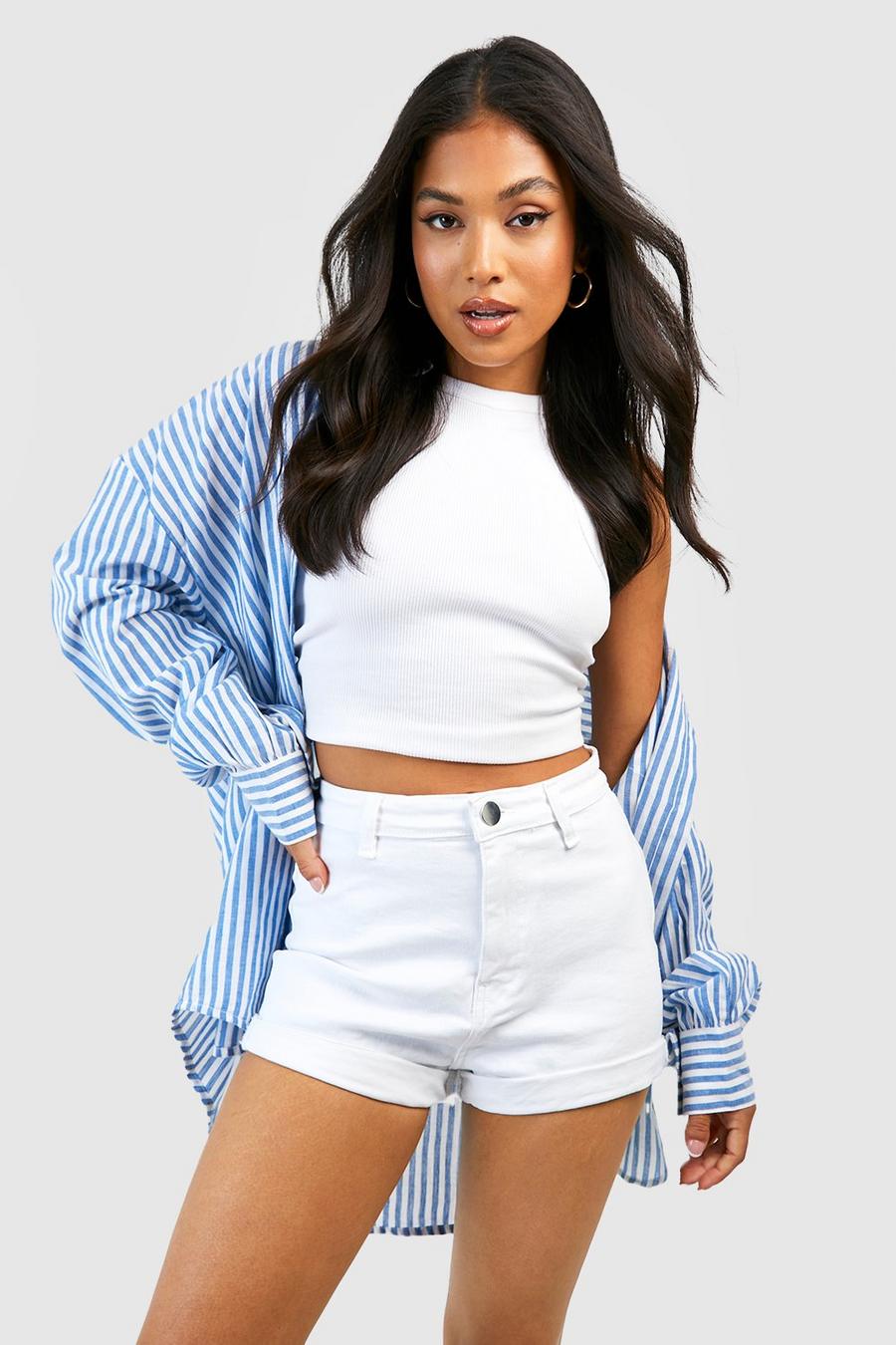 White Petite High Waist Jean Shorts image number 1