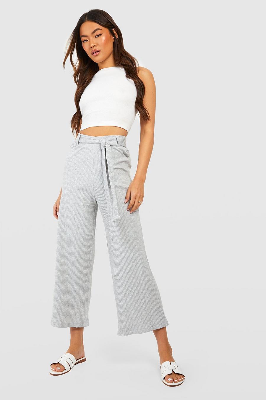 Grey marl Ribbed Belted Culotte Pants