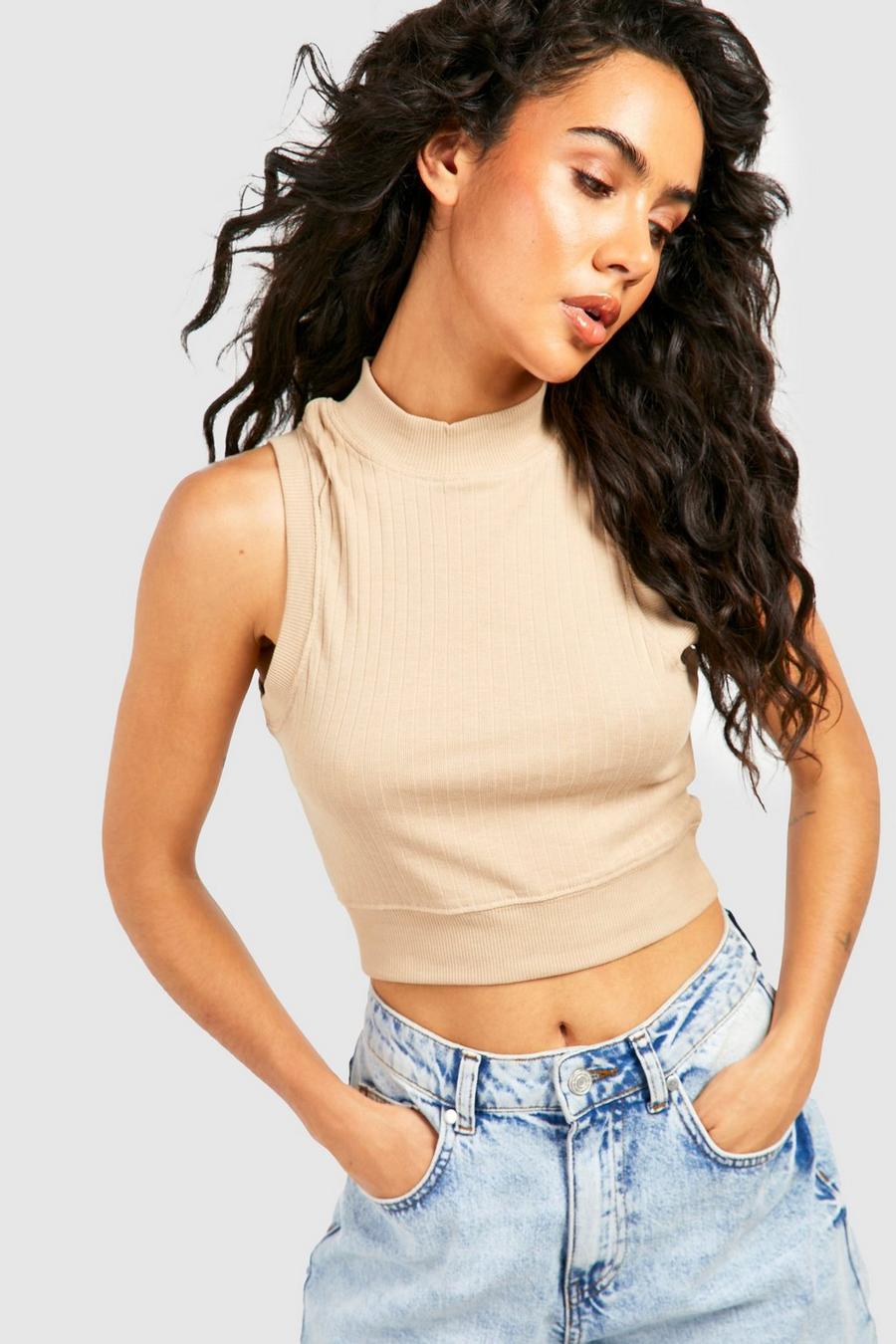 Stone Ribbed High Neck Crop Tank Top image number 1