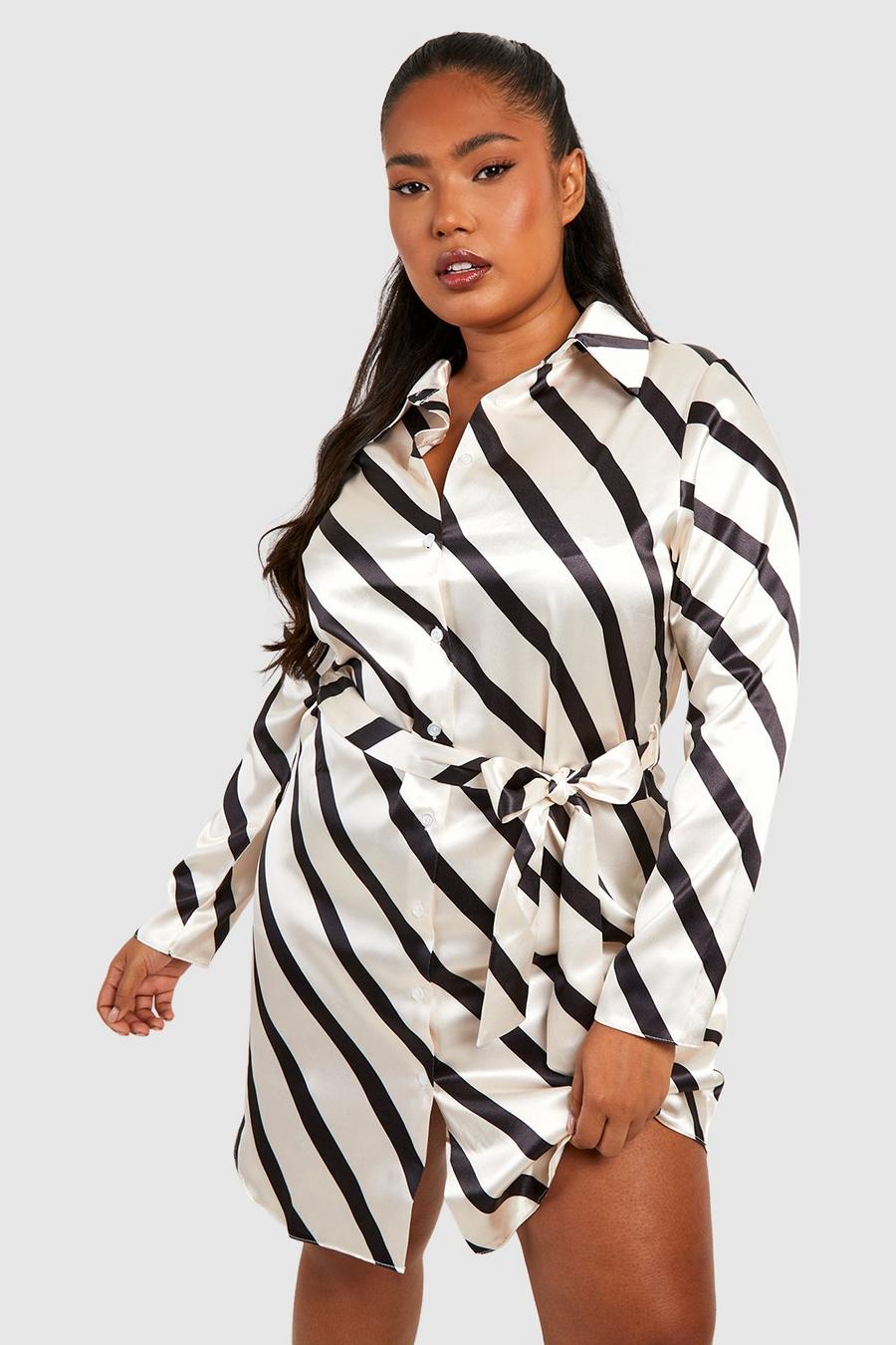 Women's Plus Satin Stripe Belted Shirt Dress | Boohoo UK