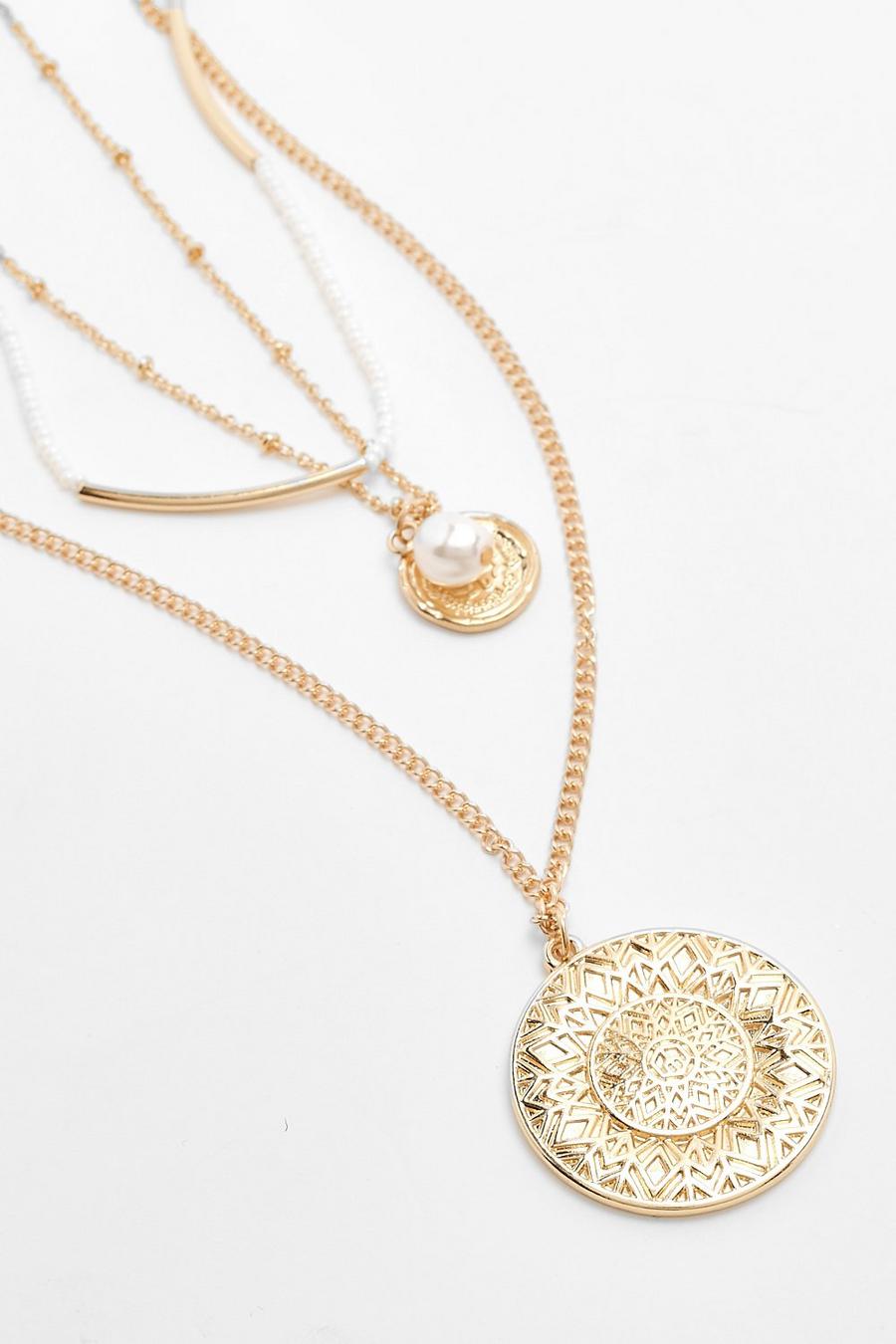 Gold metallic Coin And Pearl Layered Necklace