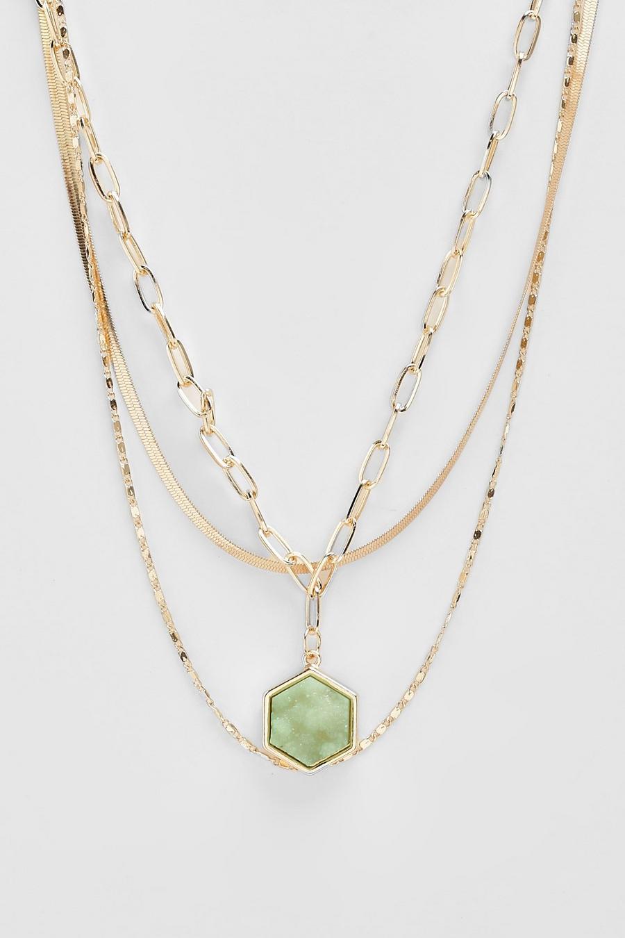 Gold metallic Green Stone Drop Chain Necklace