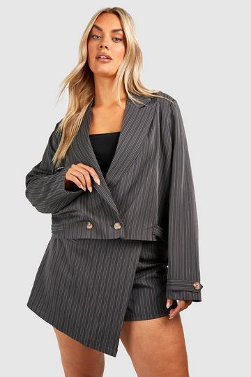 Grey Plus Premium Pinstripe Boxy Cropped Blazer