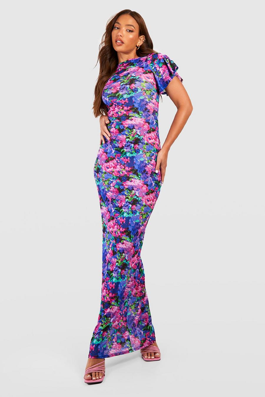Multi Tall Blurred Floral Angel Sleeve Open Back Maxi Dress image number 1
