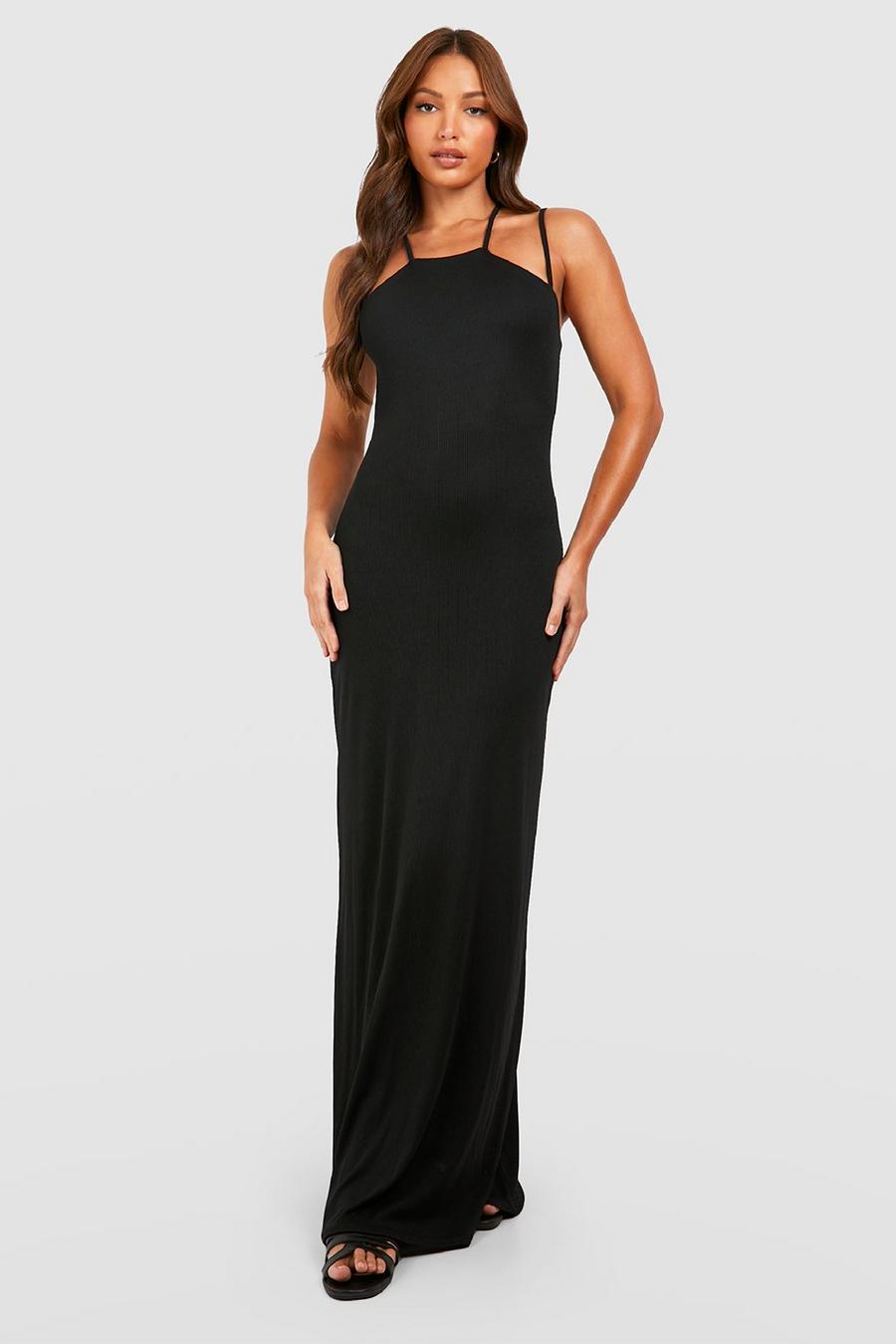 Black Tall Crinkle Texture Halter Multi Strap Midi Dress image number 1