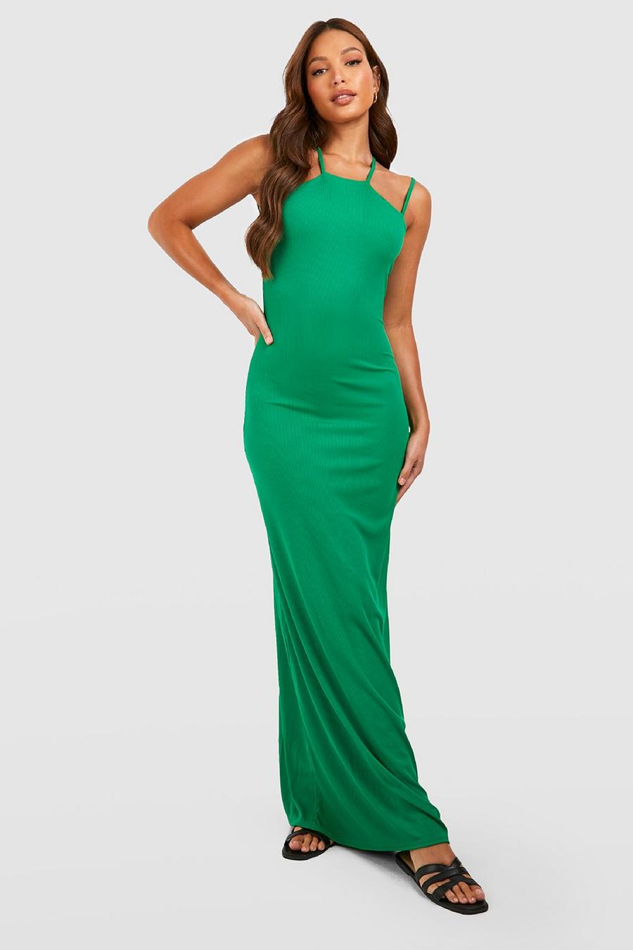 Green Tall Crinkle Texture Halter Multi Strap Midi Dress