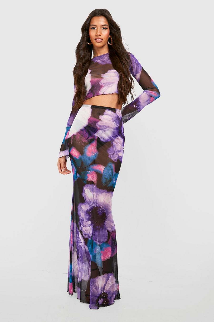 Purple Tall Floral Mesh Maxi Skirt image number 1