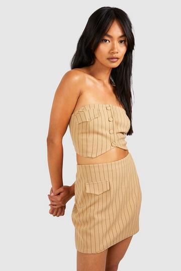 Jersey Knit Crepe Pinstripe Bandeau & Wrap Mini Skirt camel