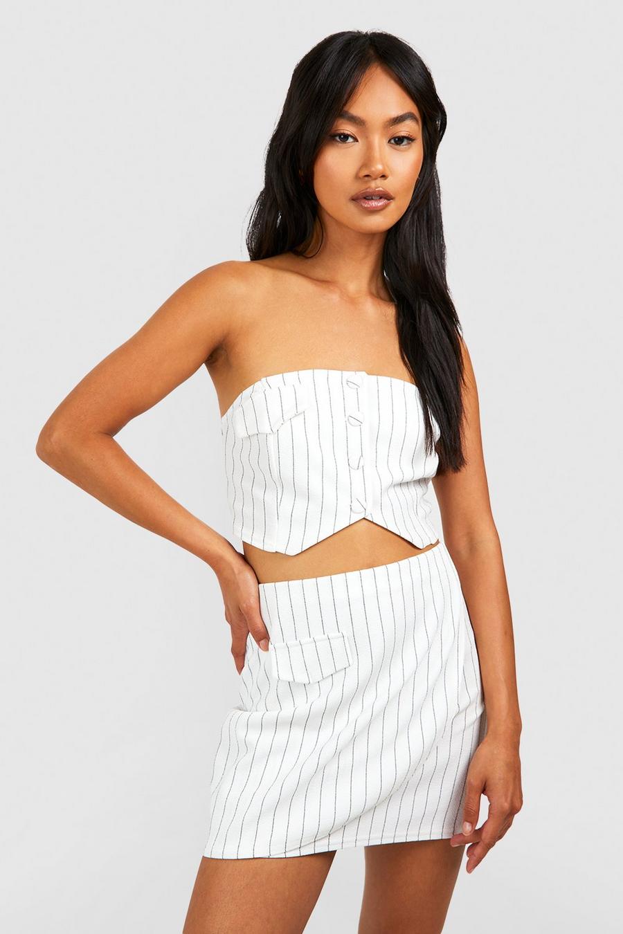 Ivory Jersey Crepe Pinstripe Bandeau & Wrap Mini Skirt 