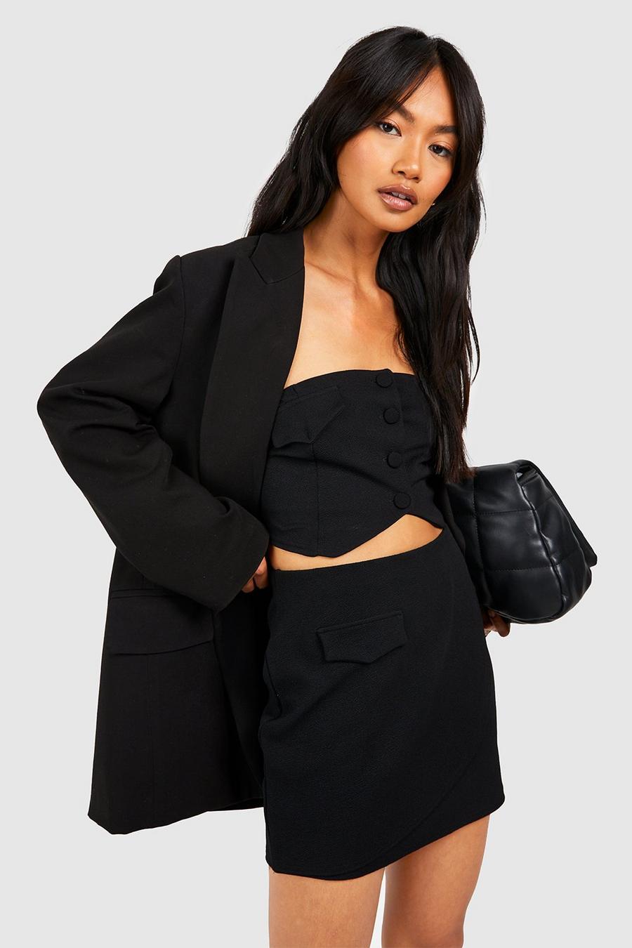Black Jersey Knit Crepe Bandeau & Wrap Mini Skirt