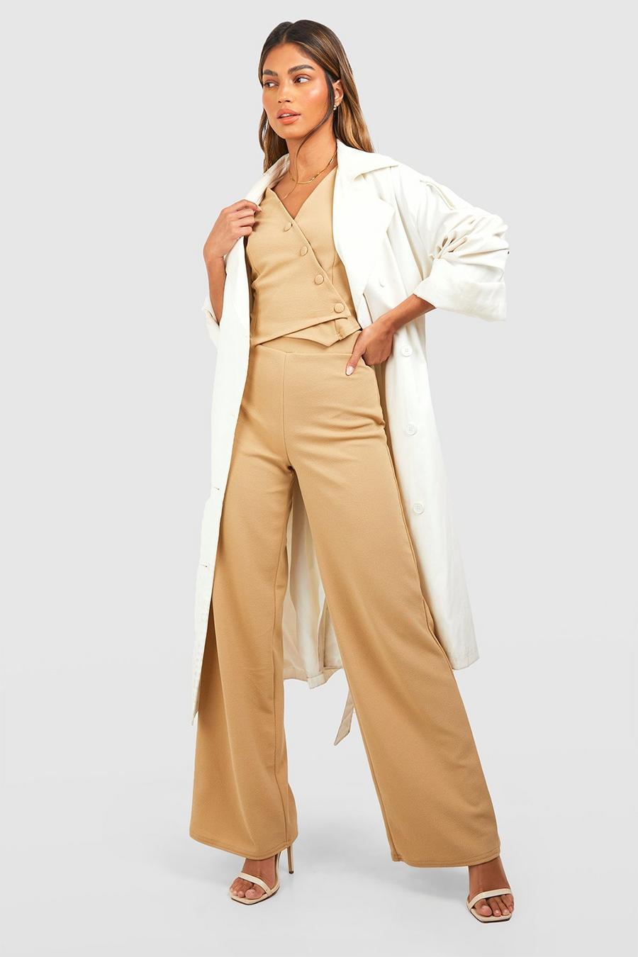 Camel Jersey Crepe Asymmetric Waistcoat & Wide Leg Trousers image number 1
