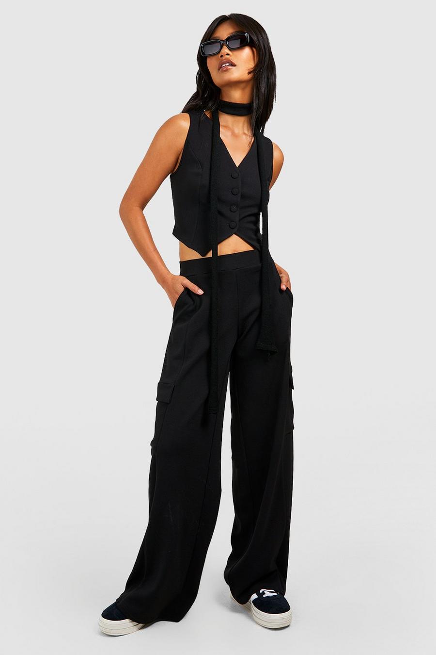 Black Jersey Crepe Waistcoat & Wide Leg Trousers image number 1