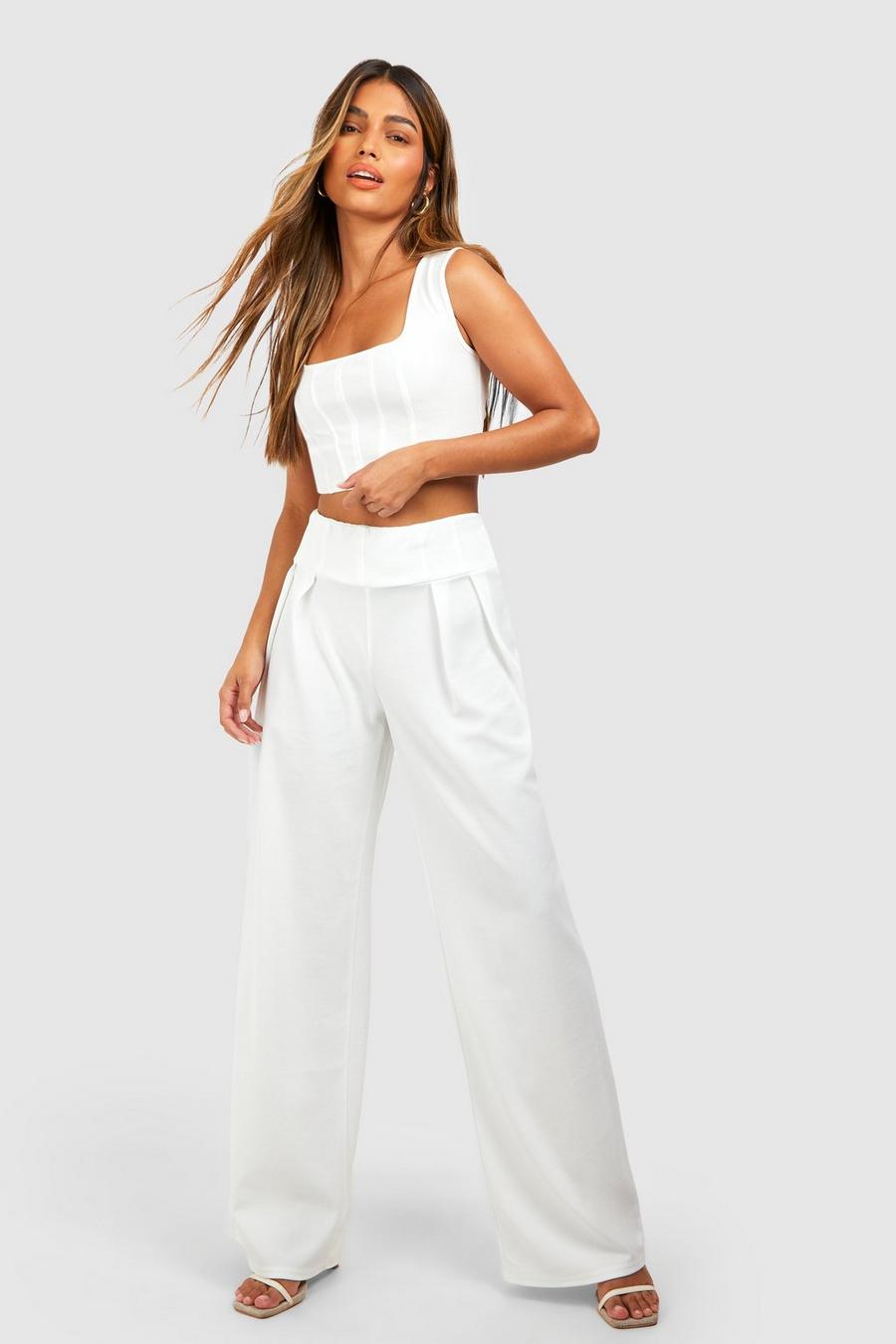 Ivory Jersey Crepe Corset Detail Crop & Wide Leg Trousers