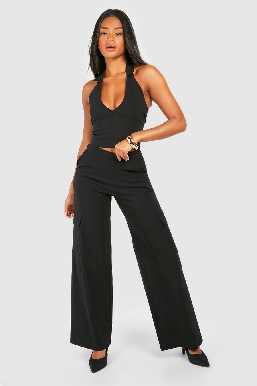 Black Stretch Collared Halter & Wide Leg Cargo Trousers  image number 1
