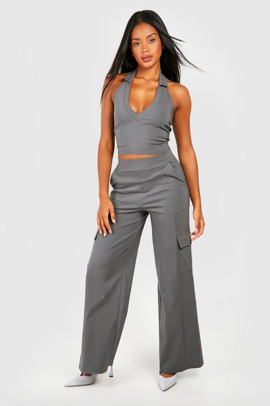 Grey Stretch Collared Halter & Wide Leg Cargo Trousers  image number 1