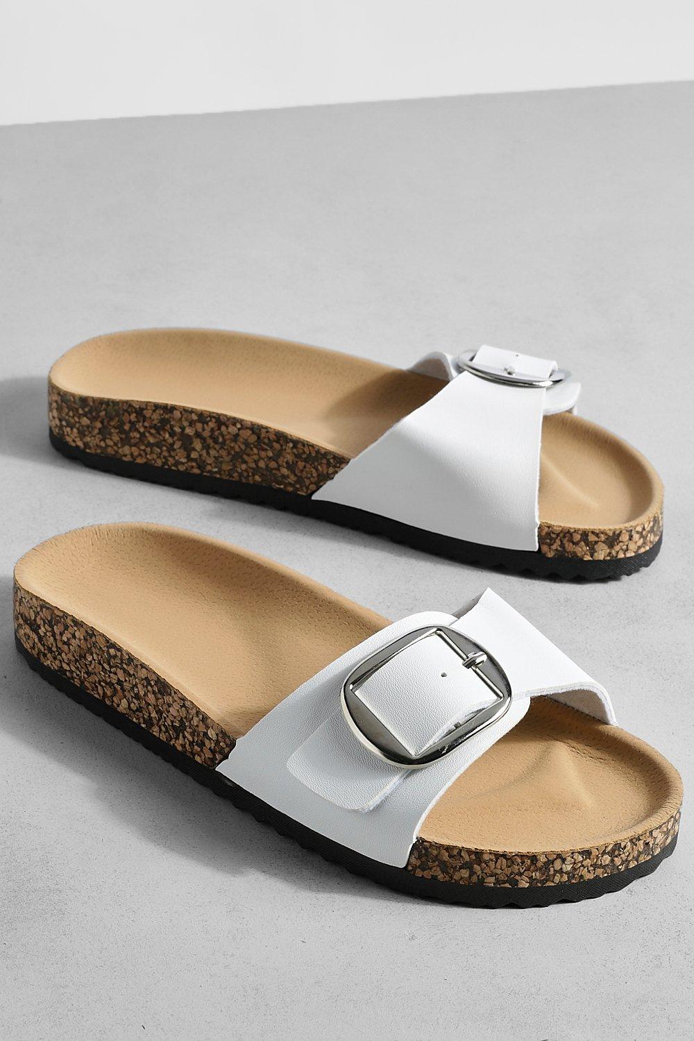 Womens White Buckle Footbed Sliders