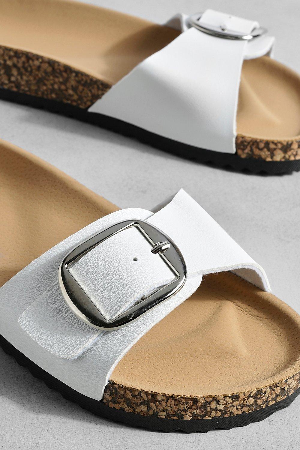 Womens White Buckle Footbed Sliders