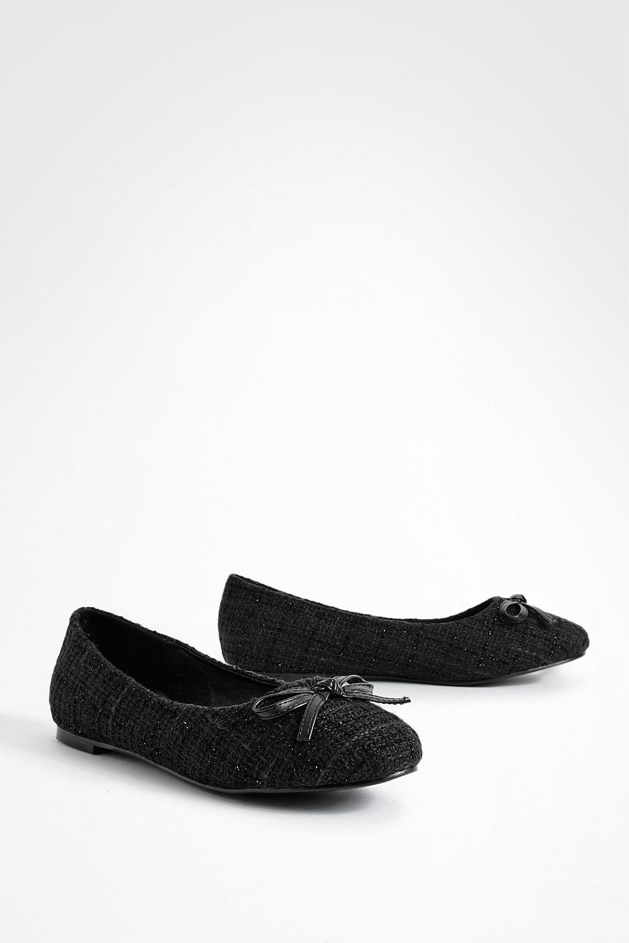 Black Wide Fit Bow Detail Tweed Ballet Flats