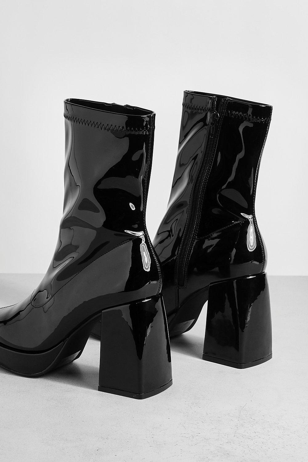 Platform Block Heel Patent Sock Boots boohoo