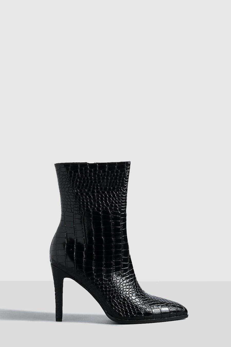 Black Wide Fit Croc Stiletto Calf Boots image number 1