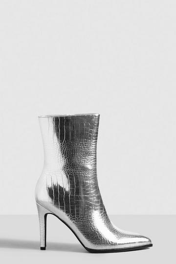 Wide Fit Croc Stiletto Calf Boots silver
